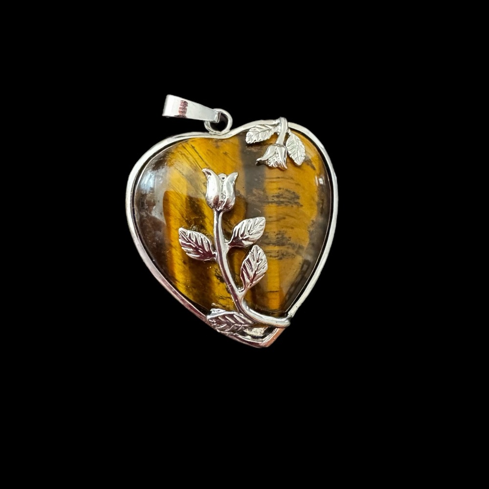 Heart-Shaped Tiger’s Eye Pendant w/ Silver Rose Detailing vintage vibes boho - Picture 4 of 4